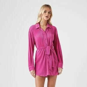 Forever 21 Pink Ribbed Tie Waist Long Sleeve Mini Shirt Dress w/Belt Small